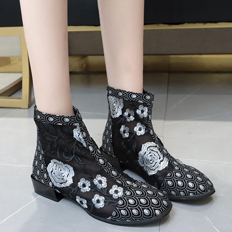Женские повседневные офисные ботинки с квадратным носком, летние ботинки, женская обувь с цветочной сеткой на молнии и круглым носком
