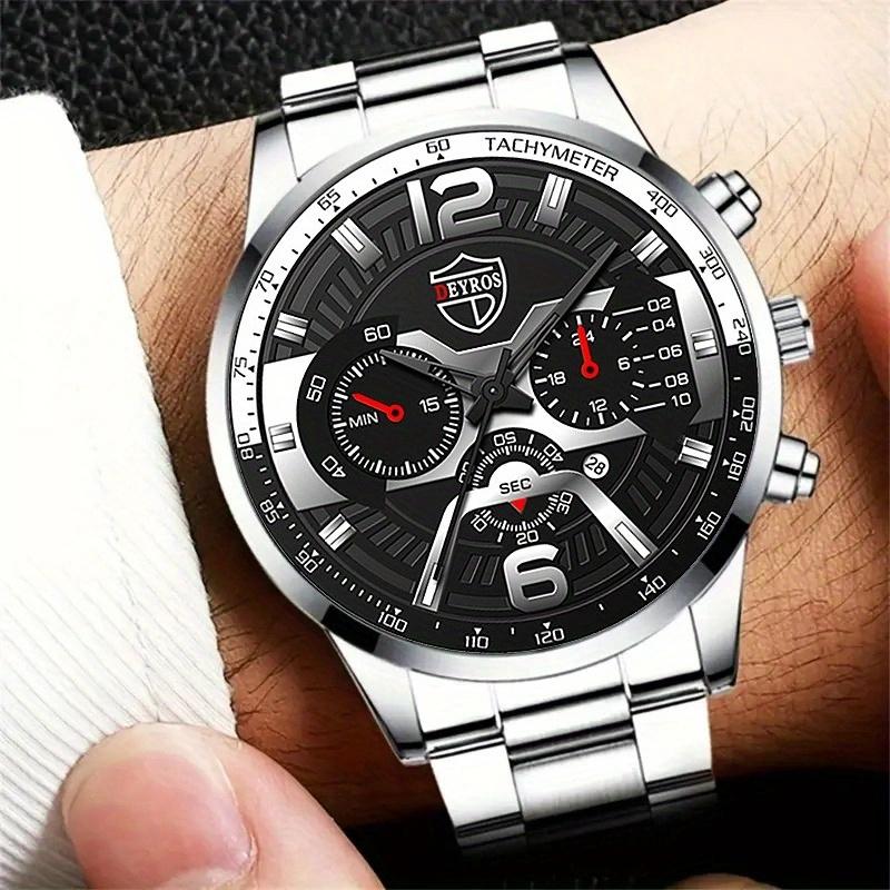 3pcs/set, Fashion Men's Calendar Sports Quartz Watch with Stainless Steel Strap & Bracelet & Necklace, Best Gifts for Him