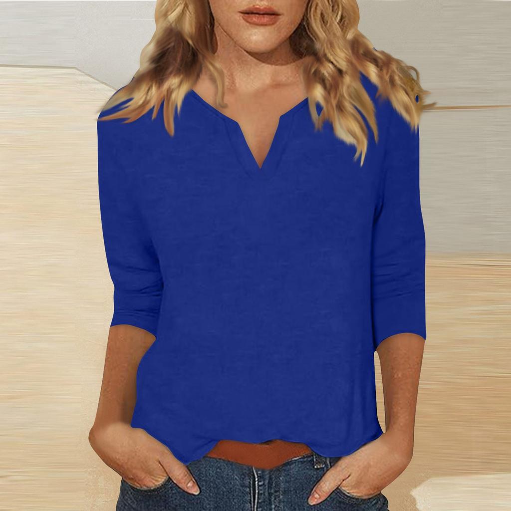 Женский однотонный топ с круглым вырезом и рукавами 3/4 V+