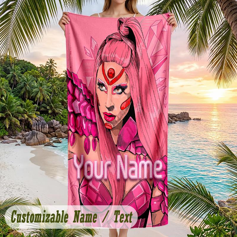Lady Gaga Beach Towel, Personalized Custom Name Text, Quick Dry Large Absorbent Towel For Beach Pool