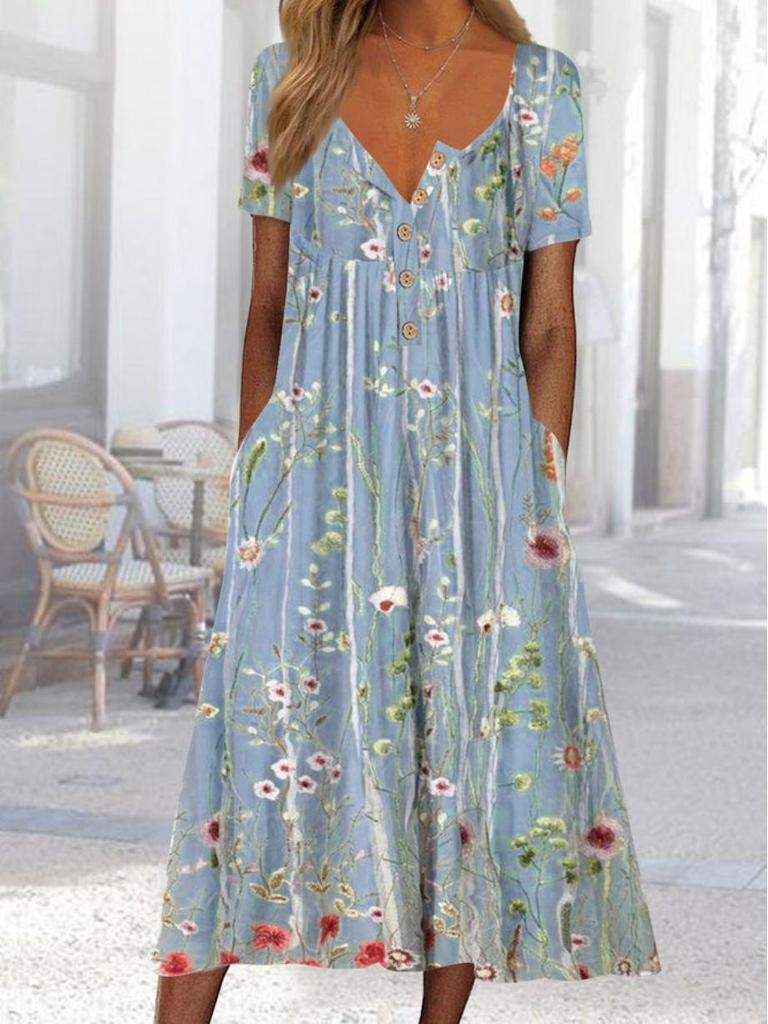 2023 Summer Women's Floral Button Round Neck Mid-Length Straight Dress