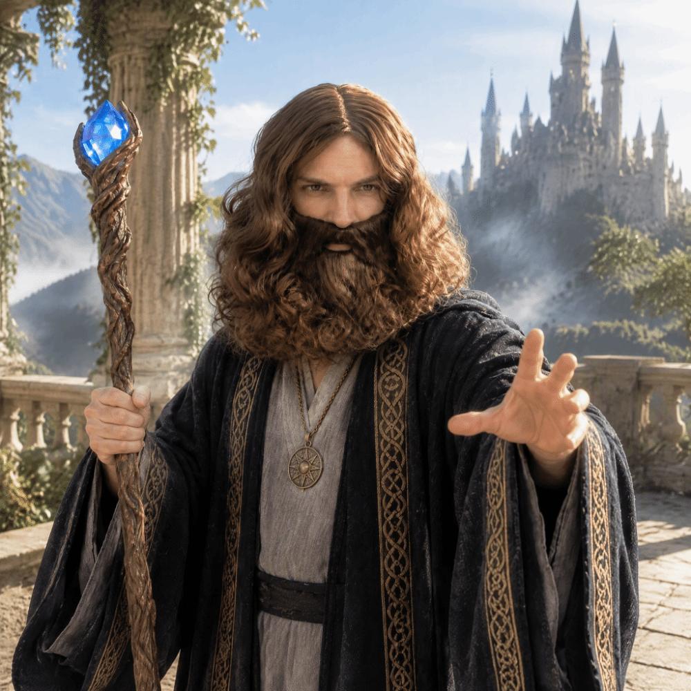 2pcs Natural Curls Curly Hair and Thick Long Beard Realistic Wizard Cosplay Set Role-Playing
