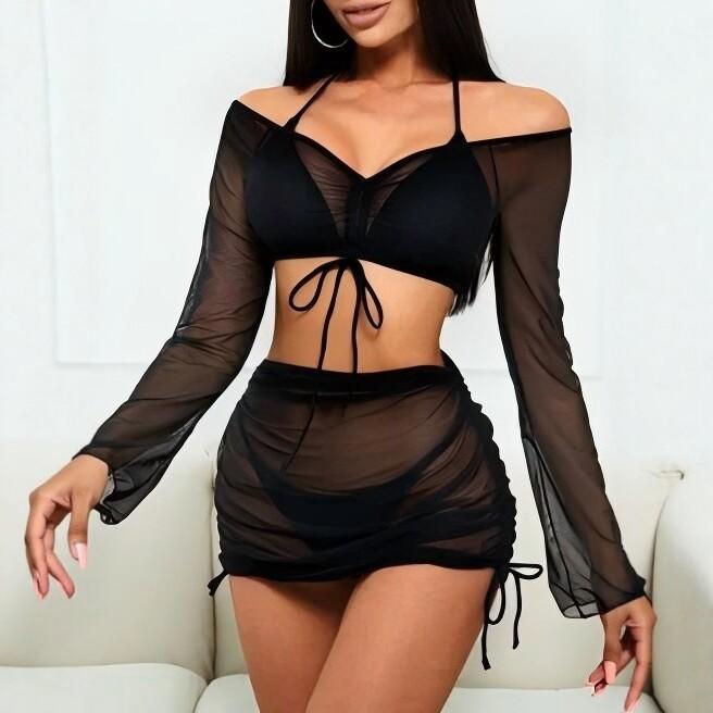 1011 new European and American style sexy lace-up split swimsuit women's solid color tube top high elastic and thin bikini set