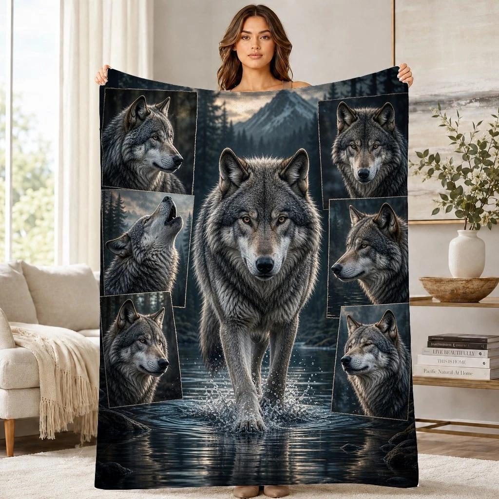 Wolf Collage Portrait Coral Fleece Blanket Wildlife Decor