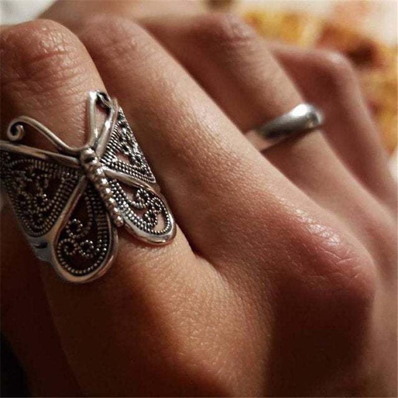 Antique Gold Silver Color Hollow Butterfly Opening Adjustable Ring For Women  Charming Bohemian Jewelry Gift