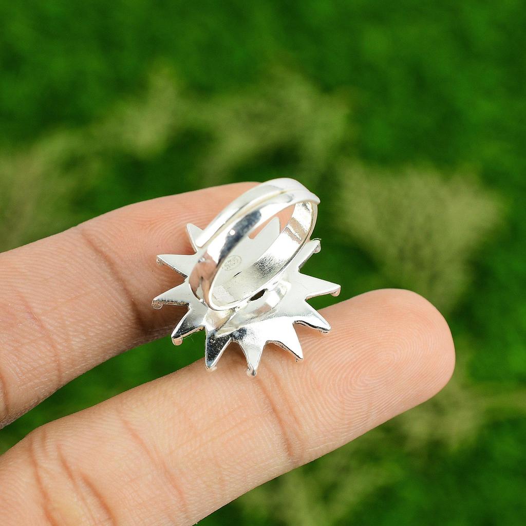 Gift For Her 925 Silver Natural Labradorite Promise Flower Adjustable Ring