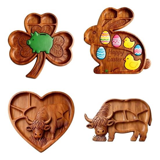 Деревянная доска для закусок «Шотландская корова» с отделениями, кролик в стиле рустик, форма клевера, многоцелевой поднос для сыра и закусок, блюдо для закусок