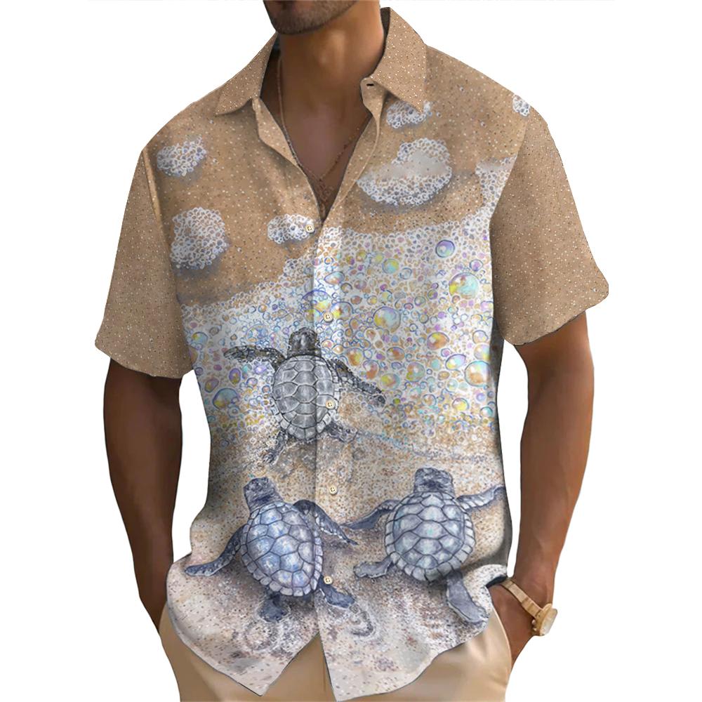 Летняя мода ретро океан животные черепаха принт мужская рубашка с коротким рукавом уличная повседневная свободные мужские рубашки свободные топы