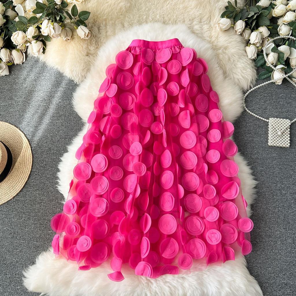 Летняя женская юбка миди с вышивкой в горошек, трехмерная, с большим клешем, из тюля