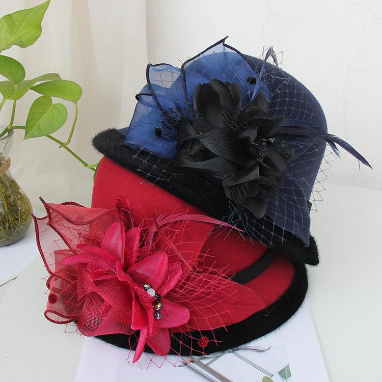 Woolen hat female autumn and winter British celebrity feather mesh yarn dome top hat casual versatile bucket hat basin hat tide