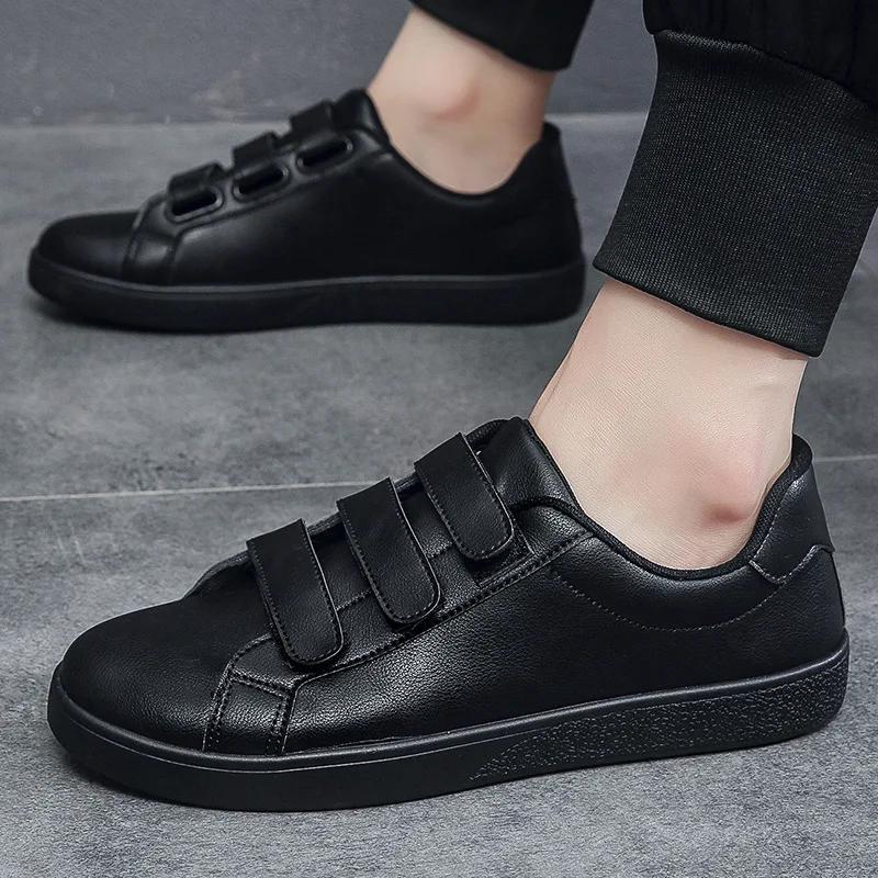 Fashion Men Pu Leather Casual Shoes for Men Hook Loop Loafers White Shoes Fashion Skateboard Shoes Flat Male Sneakers Tenis Para Hombre