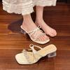 2025 summer new beautiful fairy style bow one-word slippers women's thick heel outer wear fashion sandals fashion skirt