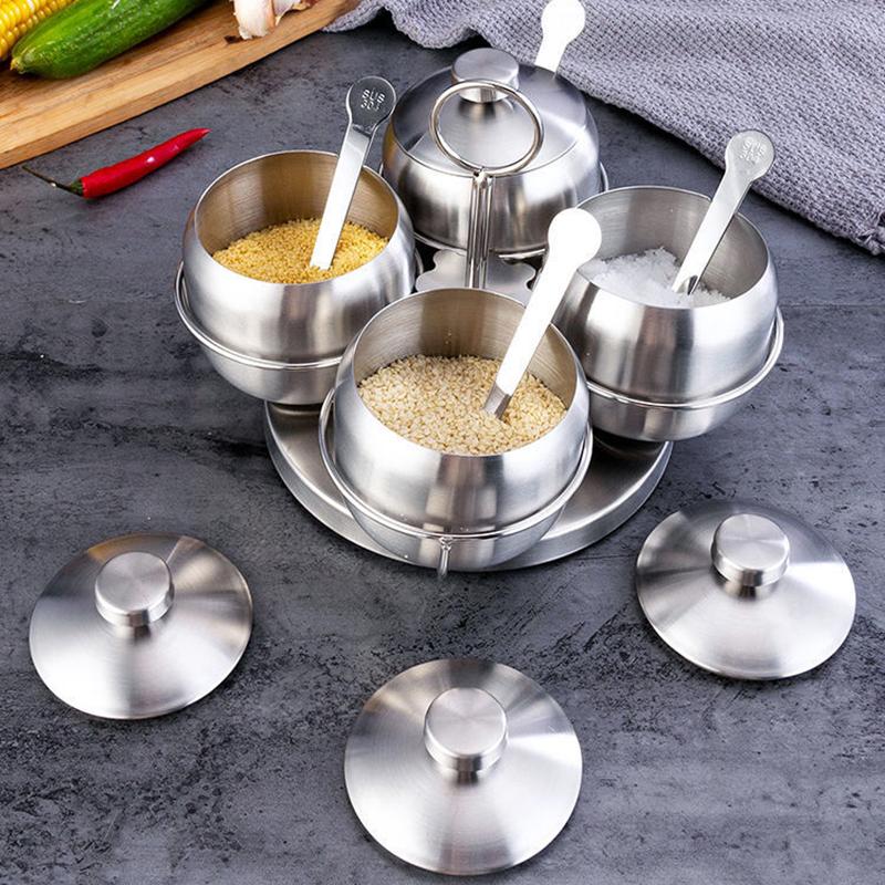 304 Stainless Steel Spice Jar Creative Rotating Seasoning Jars Sugar Bowl Coffee Container Condiment Pot with Lid Spoon Kitchen