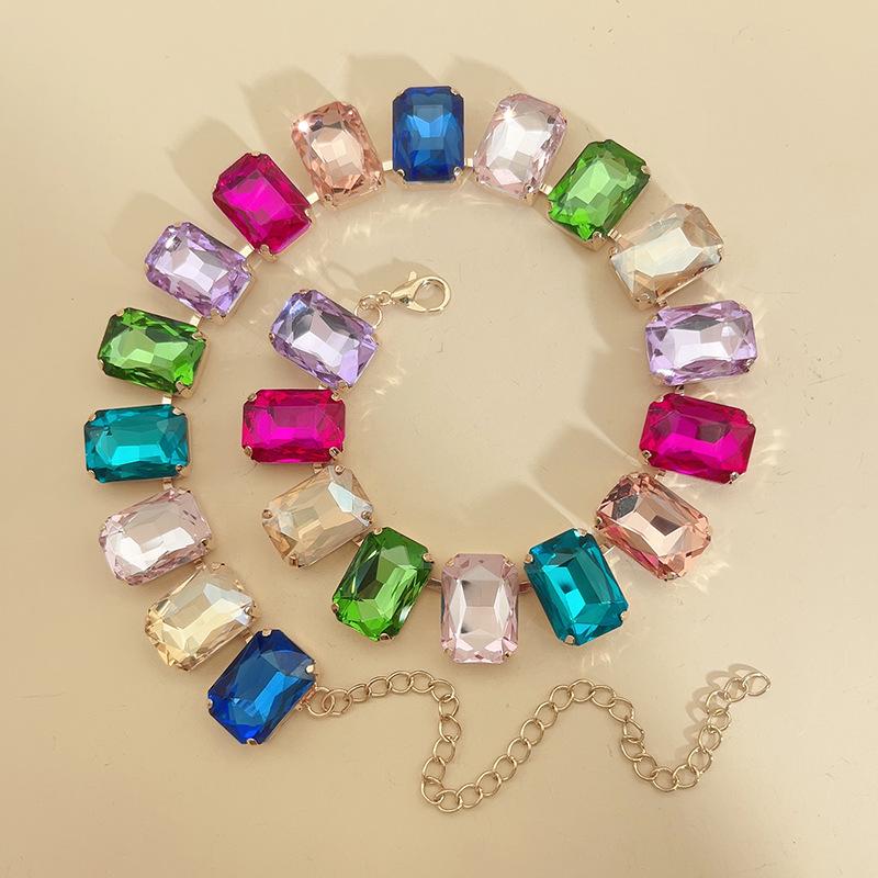 Mixed Color Rectangular 13x18 Crystal Gemstone Necklace - European & American Choker Design
