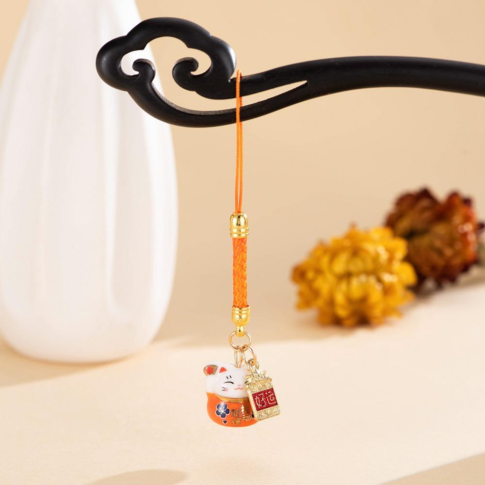 Chinese Style Ceramic Lucky Cat Phone Charms Metal Fortune Maneki Neko Phone Chain Cartoon Trinket Lucky Cat Pendant