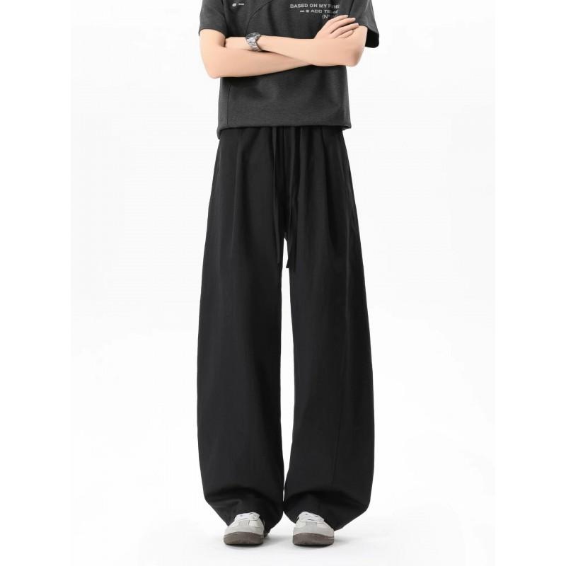 Mens Casual Pants Solid Color Splicing Straight Leg Trousers Retro Pleated High Street Drawstring Loose Fit