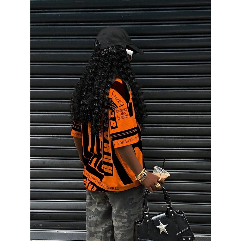 Большая американская ретро ЧЕРНАЯ футболка с принтом, короткий рукав, для женского уличного стиля, свободная и стройнящая, контрастный топ с половиной рукава