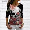 Длинные рукава Черепа и цветочный 3D принт Женские уличные хип-хоп футболки весна осень свободные повседневные топы с круглым вырезом большого размера