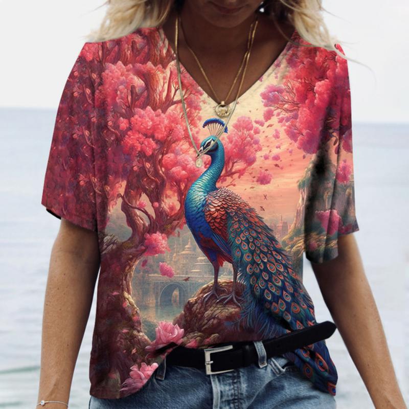 Роскошная женская футболка с рисунком павлина, летняя свободная женская одежда, большая блузка с v-образным вырезом, женские повседневные повседневные футболки с короткими рукавами