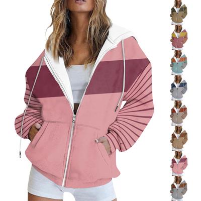Женская куртка-свитер в полоску с цветными блоками, с длинным рукавом, свободная спортивная куртка с капюшоном