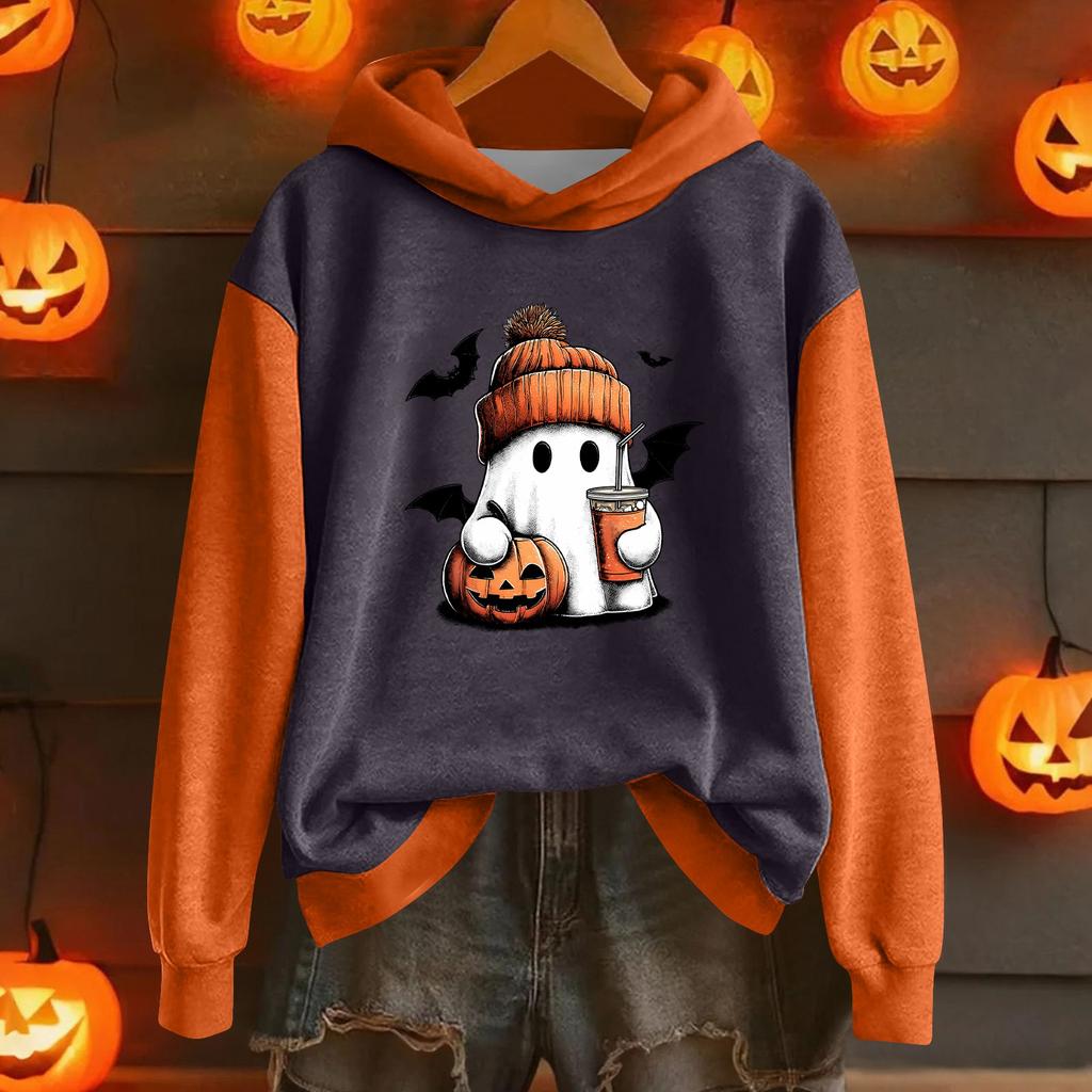 Women's Fashion Lightweight Long Sleeve Pullover With Halloween Print Hoodie