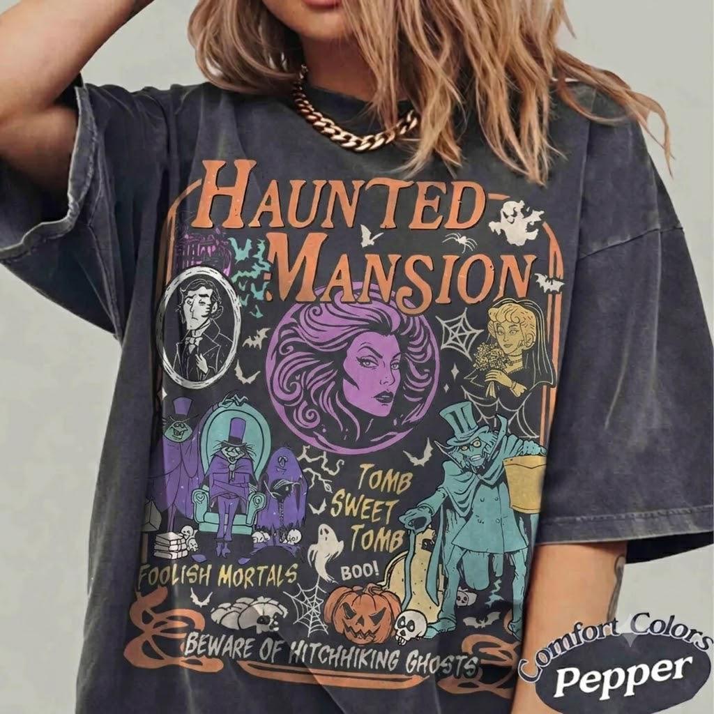 Haunted Mansion Foolish Mortals Shirt, Retro Comfort Colors Spooky Season Tee, Madame Leota Hatbox Ghost Halloween T-Shirt