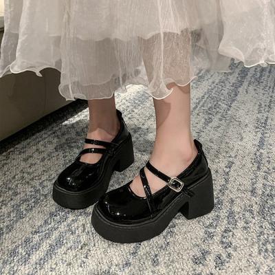 Модные ретро туфли-лодочки на платформе с ремешком на щиколотке, женские туфли в японском стиле из лакированной кожи Мэри Джейн, женские панк туфли на толстом каблуке, туфли Лолита Мухер