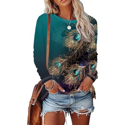 Футболка с павлиньими перьями, мягкая и удобная, с длинным рукавом и круглым вырезом, для повседневной носки - идеально подходит для женщин и девочек.