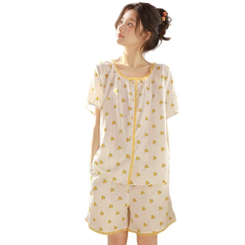 Summer new pure cotton cotton yarn women's round neck printing sweet can be worn outside short-sleeved loungewear set 11