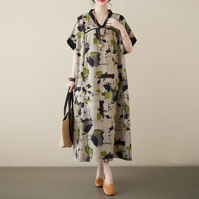 Летнее хлопковое льняное платье с V-образным вырезом, свободное, большого размера, в китайском стиле, ханьфу, улучшенное, средней длины, с короткими рукавами, для женщин, платья