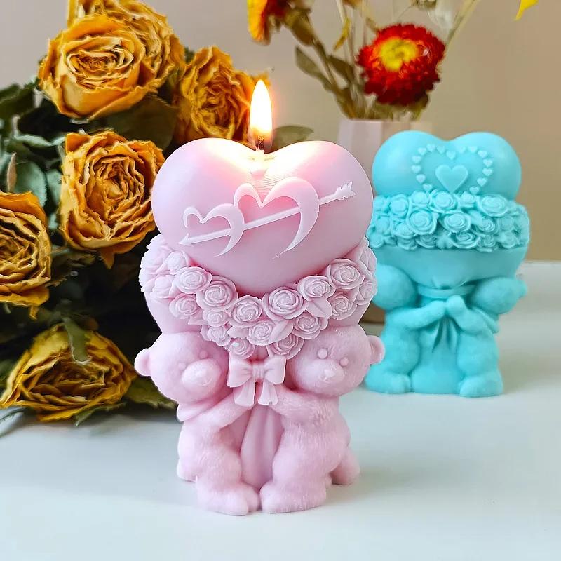 Mold Bear Heart Bouquet Rose Flower Valentineday Diy Mold Heart Shape Silicone Candle Mould