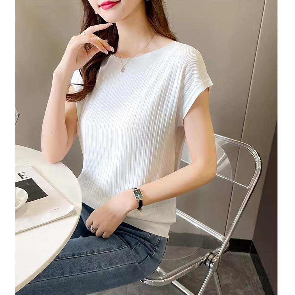 French Sleeve Summer Knit Cut and Sew Thin Ribbed Knit Boat Neck Top Solid Color Spring Summer [jinghuiyue] Women's JJP0073CA-XL