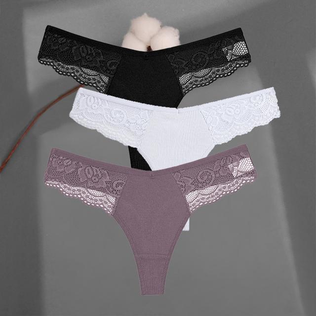 FINETOO Women's Cotton Thongs 3Pcs/set Lace Bikini Underpants S-XL Ladies G-string Underwear Soft Thong Panties Female Lingerie
