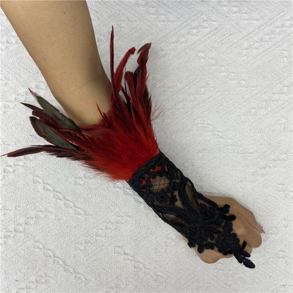 1PC Embroidery Feather Long Gloves White Black Female Mittens Wedding Gloves Party Wear