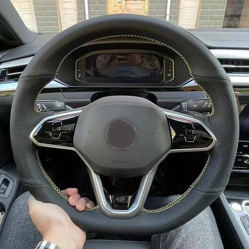 Soft Black Leather Car Steering Wheel Cover For Volkswagen VW Atlas Golf 8 Mk8 Jetta Passat B9 Tiguan Sharan