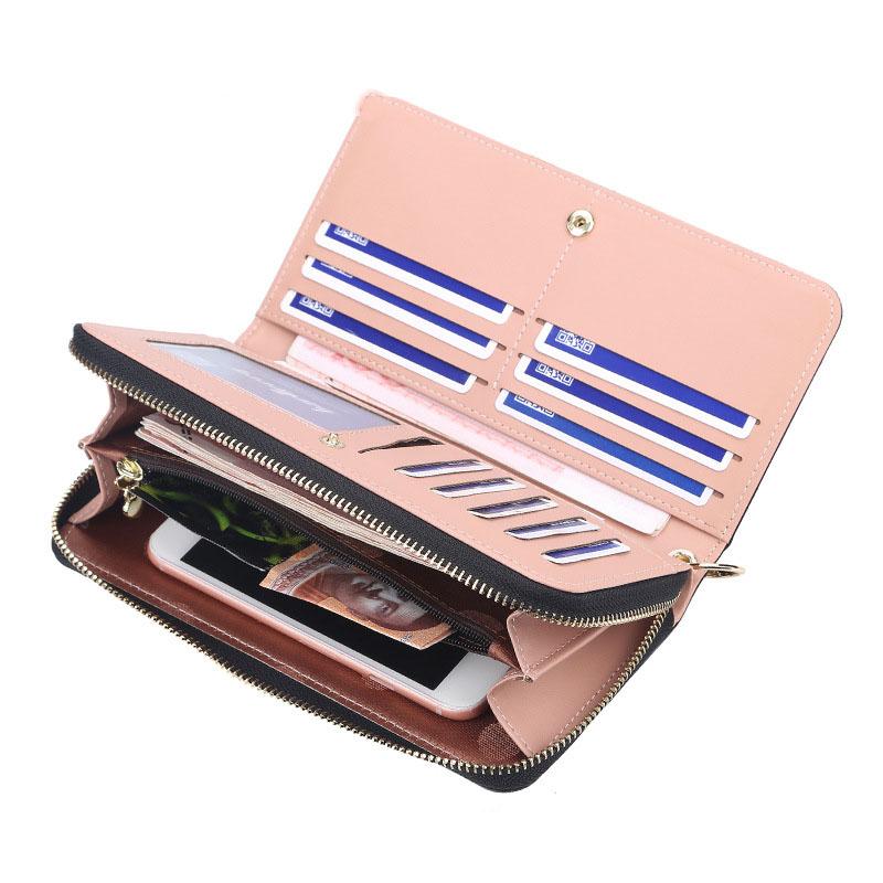 Women's Fashion Shiny Long Wallet with Lanyard Pu Leather Clutch Bag Zipper Cell Phone Bag Ladies Multi-card Coin Purse
