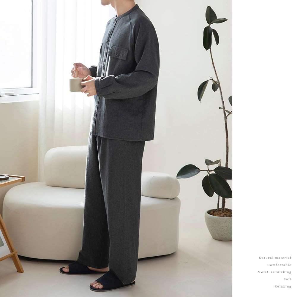 Да Семейная пижама из двойной марли, длинная, спереди, размер темно-серый, мужской комплект, пряжа-окрашенная марля, 100% хлопок, рукава, разрез, домашняя одежда, XL,