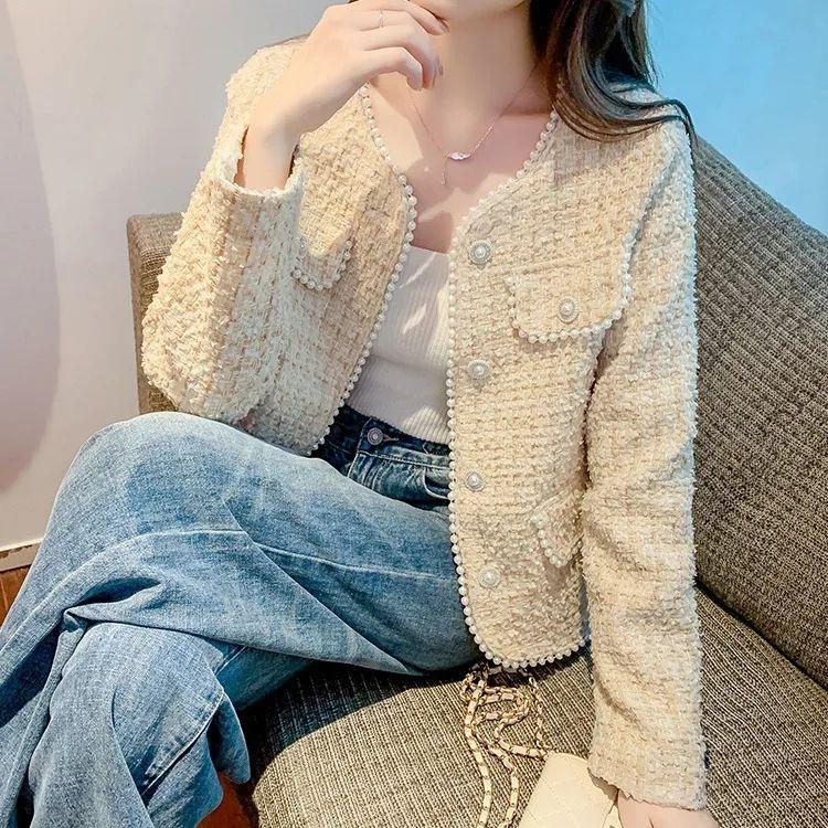 Temperament Ladies Pink Small Fragrance Jacket Женская одежда на весну и осень Маленький топ из французского твида высокого качества