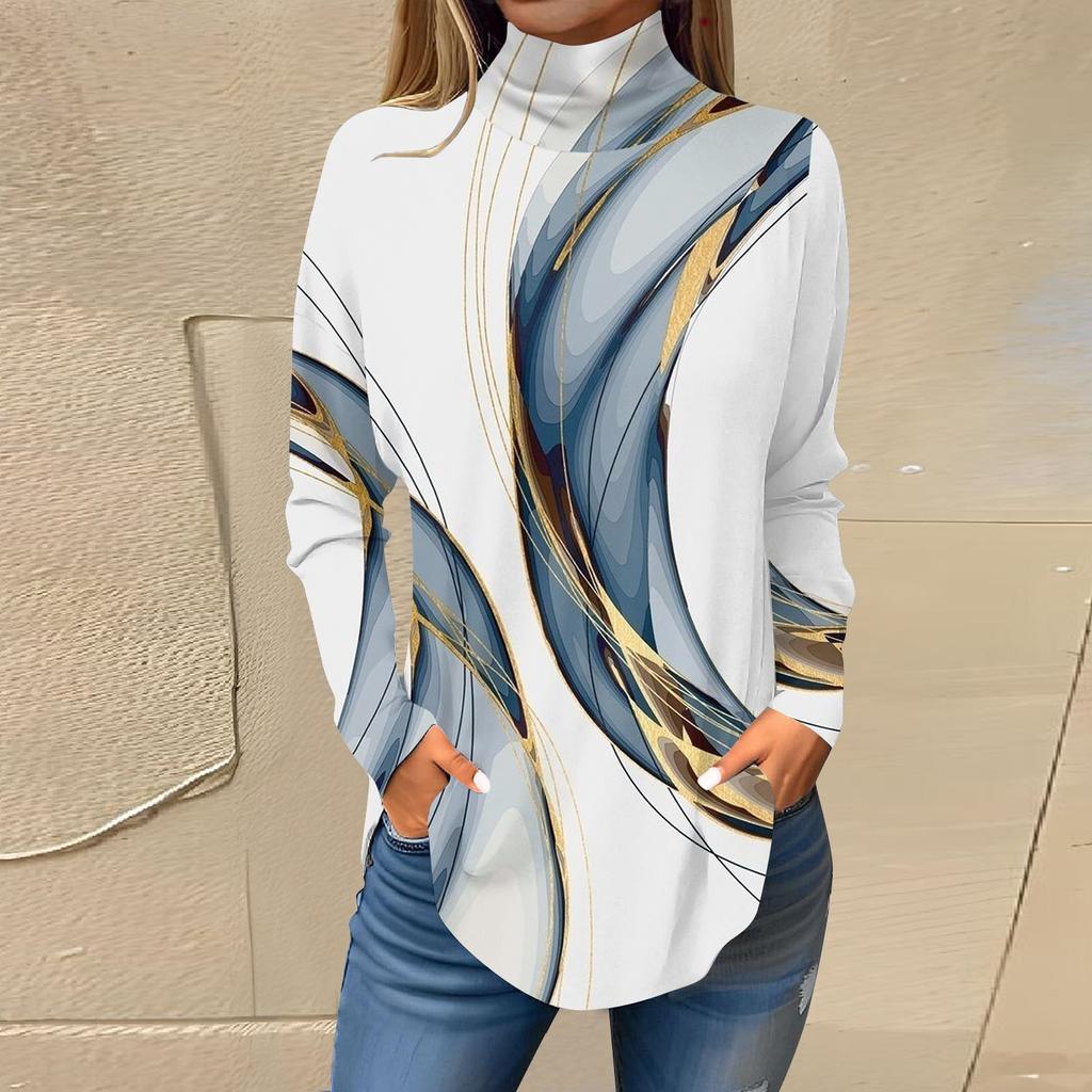 Женская модная повседневная футболка с длинным рукавом с высоким воротом и принтом, пуловер, топ