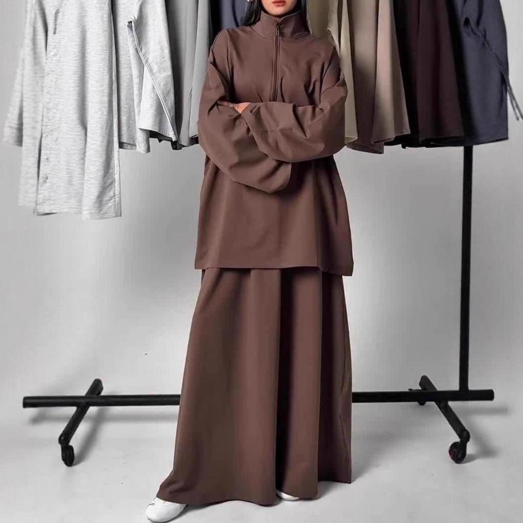 2025 Women's Casual Loose Drapey Half-Zip Top & Skirt Two-Piece Set