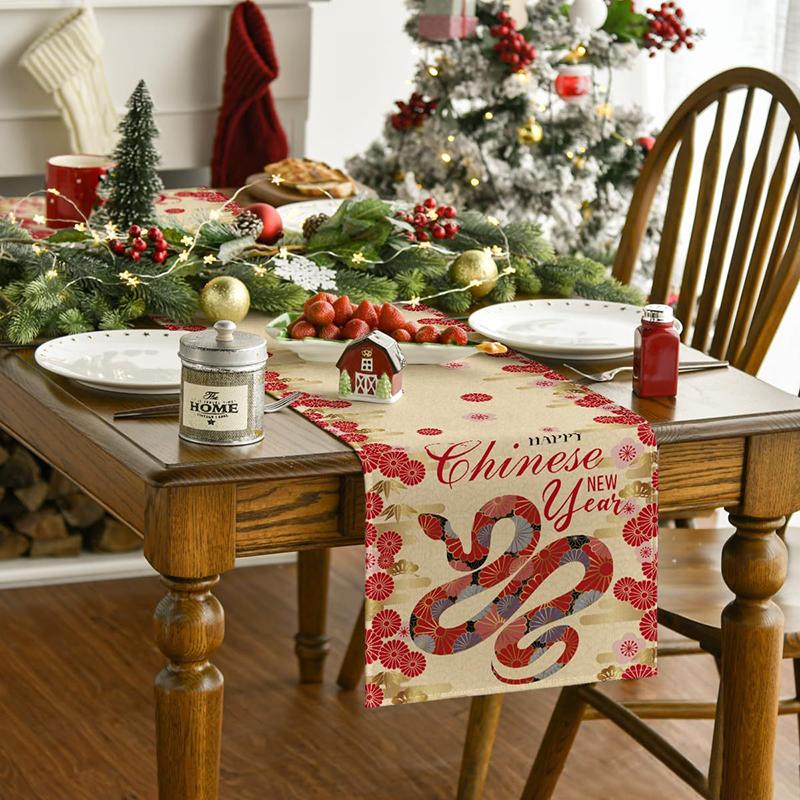 2025 Snake Year Table Runner Floral Snake Pattern Festival Party Decor Tablecloth Chinese Traditional New Year Table Covers