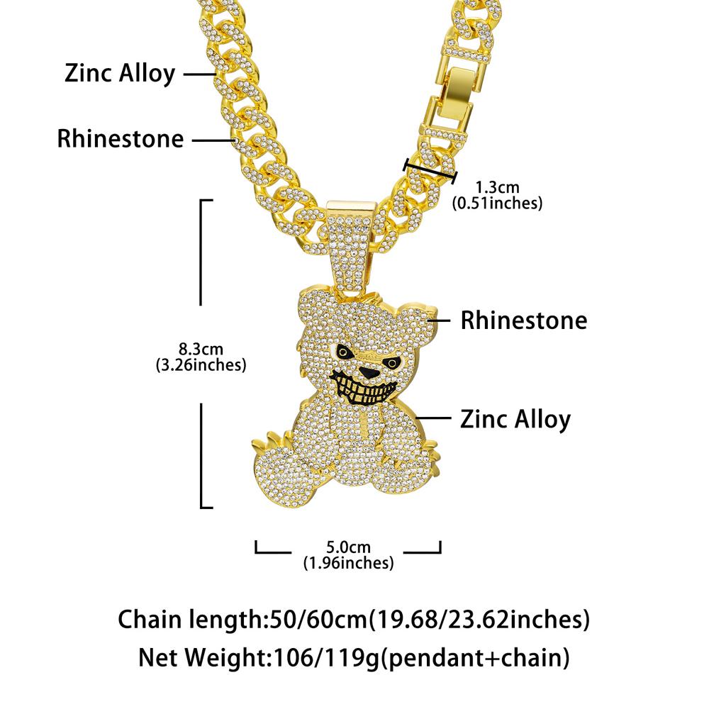 Men Women Hip Hop Bear Shape Pendant Necklace with 13mm Crystal Cuban Chain Iced Out Bling Bling Necklaces HipHop Punk Jewelry