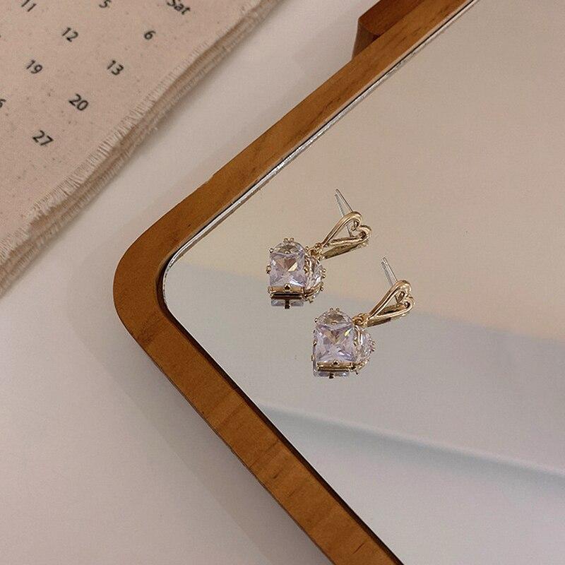 Trendy 14k Real Gold Crystal Heartearrings For Women Accessories Korean Fashion Jewelry S925 Silver Needle Shiny Zircon Ins Gift
