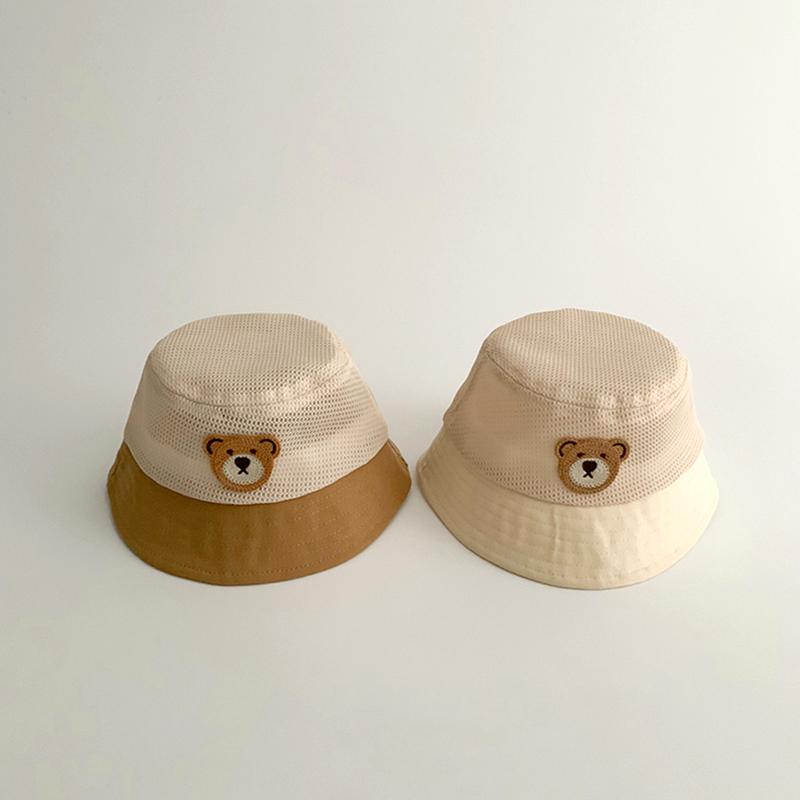 Cute Cartoon Bear Baby Bucket Hat Summer Mesh Breathable Fisherman Cap for Kids Boys Girls Wide-brim Adjustable Sun Hats