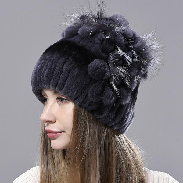 Зимние шапки женские из кроличьего меха шапки Рекс с цветочным принтом эластичные пушистые женские стильные теплые меховые шапки