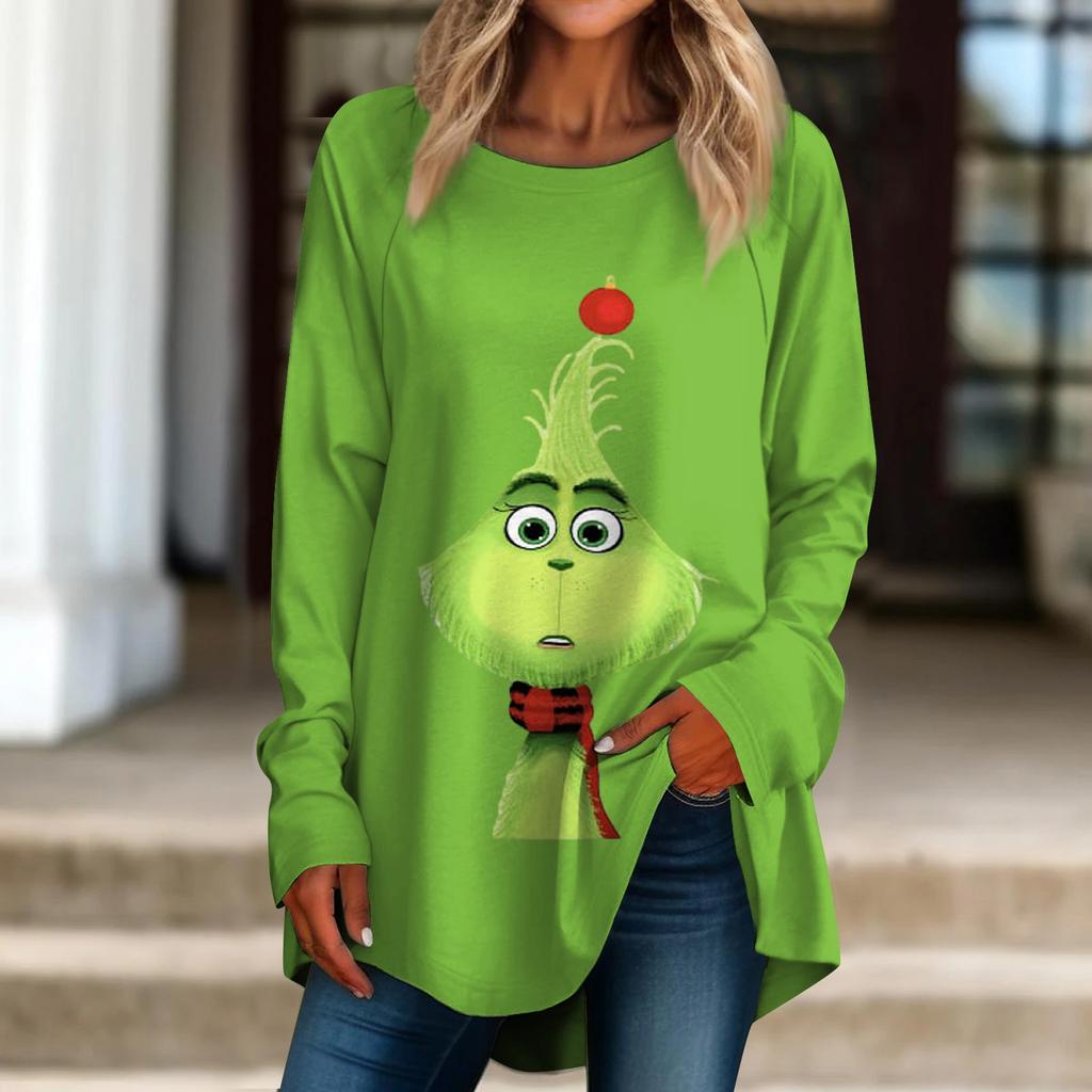 Women's Casual Plus SizeLong Sleeved Round Neck Christmas Printing T-shirt Top Pullover