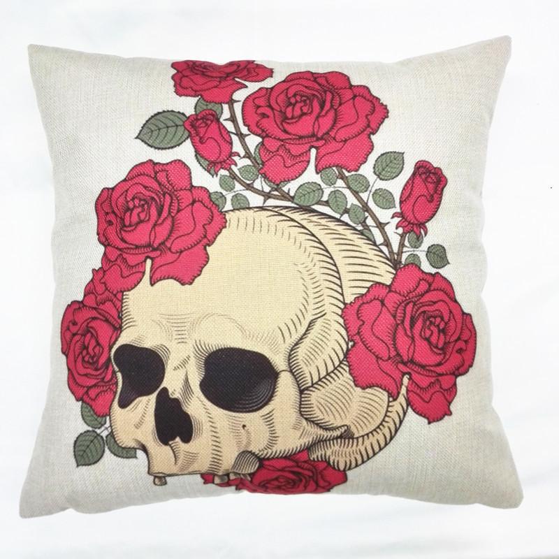 Skeleton Head Throw Pillow Cover With Linen Fabric For Home Decor And Living Room