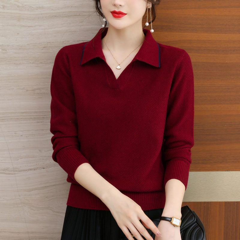 Весна Осень Женские универсальные однотонные свитера Уличная мода Свободные пуловеры Корейские повседневные топы с длинным рукавом и V-образным вырезом