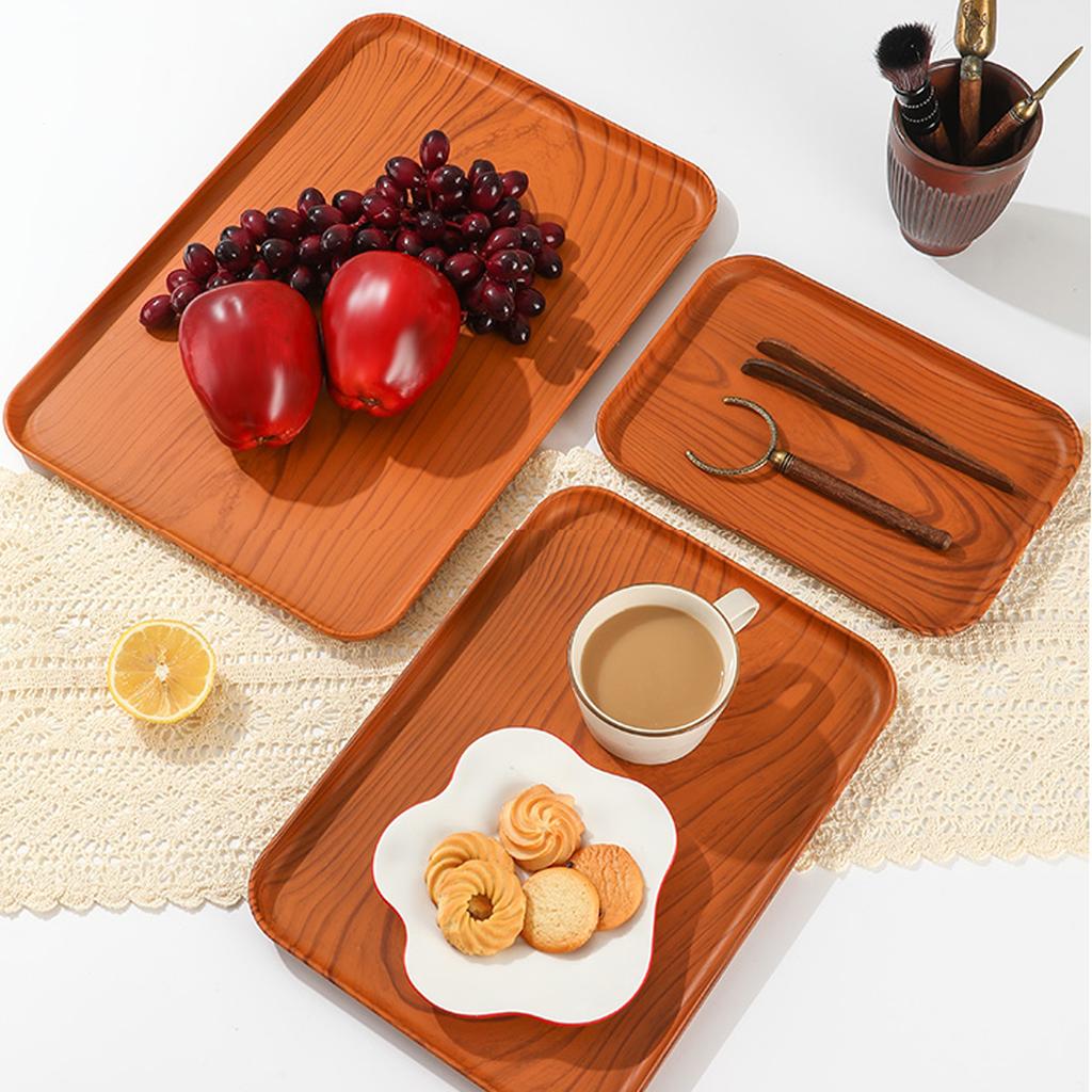 Wood Grain Plastic Food Serving Tray Stackable Dessert Fruit Tray Tea Tray Large Capacity Storage Tray Kitchen Stoage Organizer