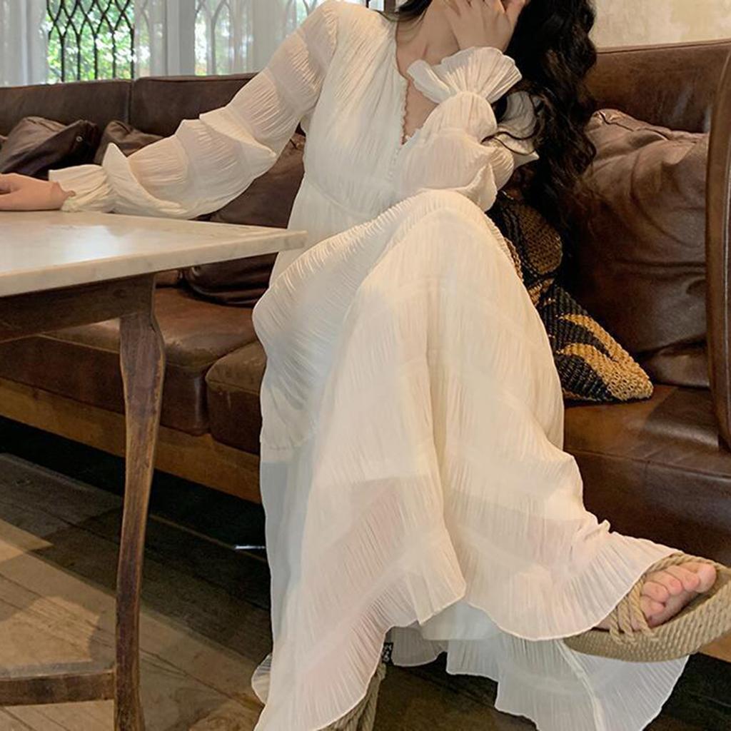 Женское модное платье с v-образным вырезом и длинными рукавами, темперамент, длинная юбка с высокой талией